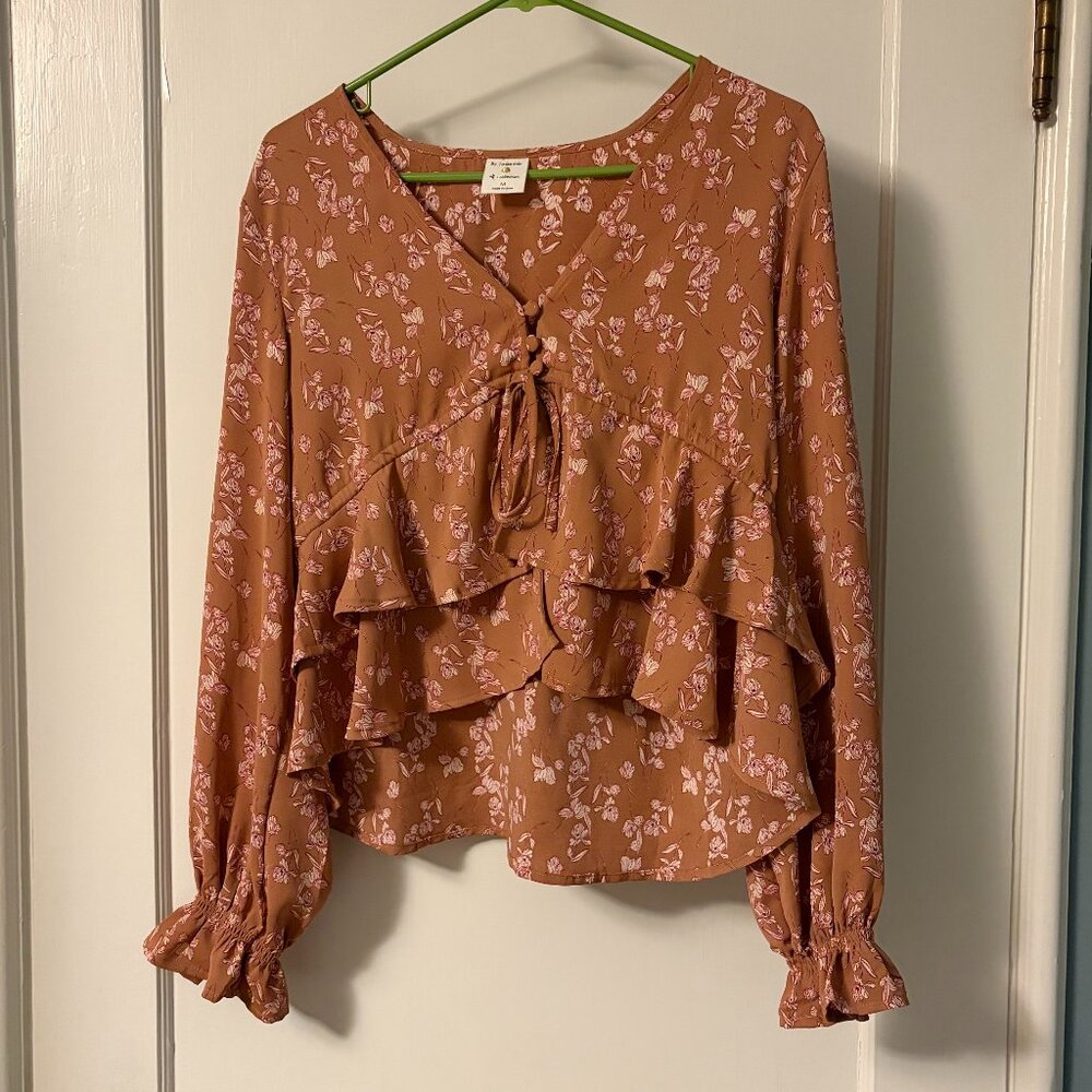 By Together ruffle tie front blouse size medium babydoll floral boho peasant